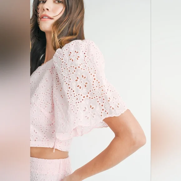 Amabelle By Mabel Eyelet Lace Puff Sleeve Crop Top & Skirt Set Size Small - Picture 4 of 12